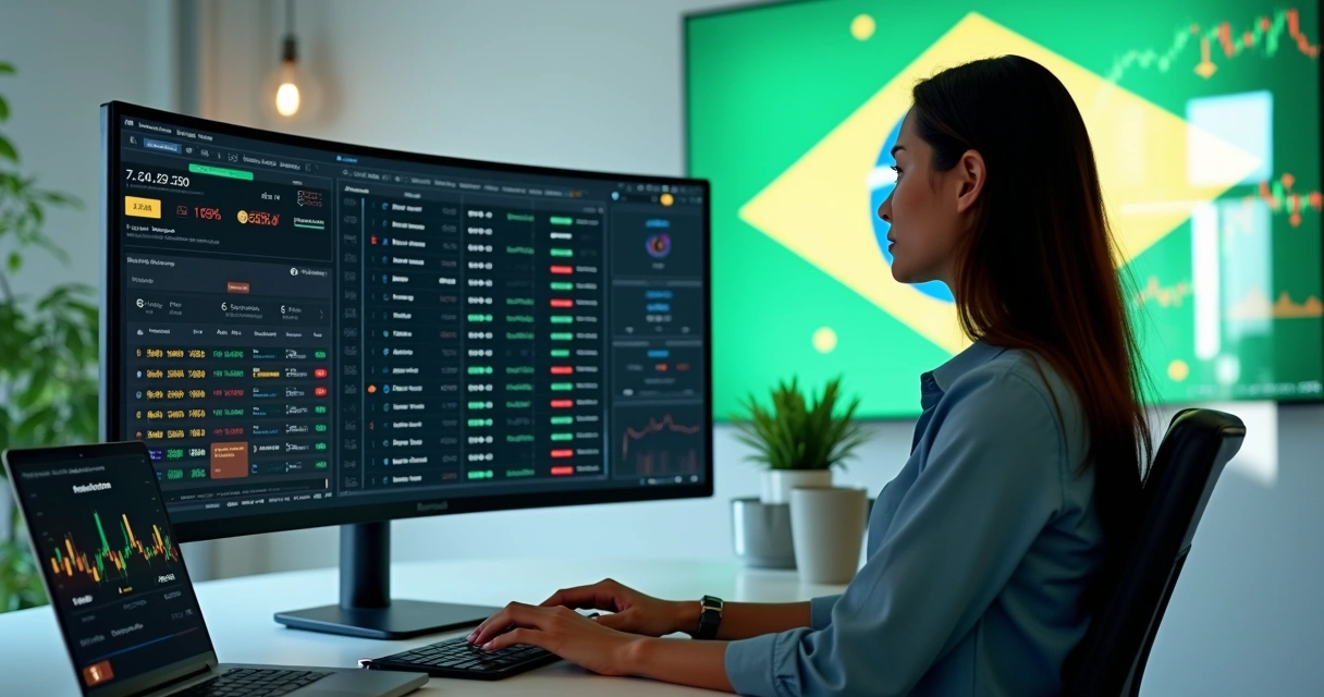 Mulher analisando gráficos de previsões em tela com bandeira do Brasil ao fundo 