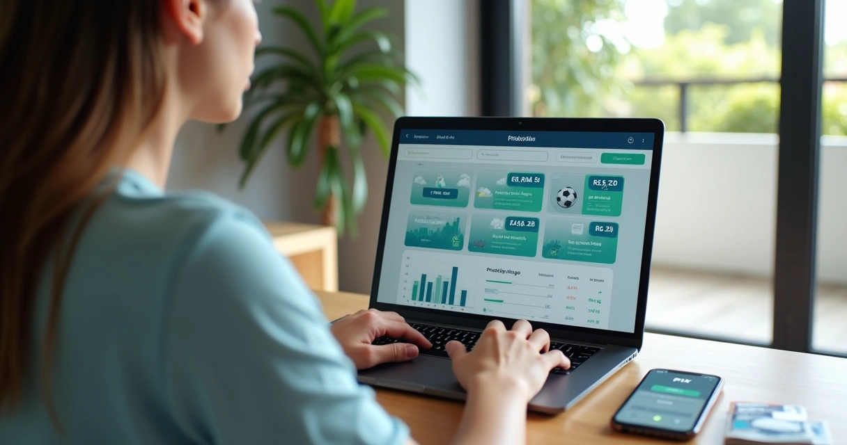 Pessoa usando notebook com gráficos de previsões e contratos de sim ou não em reais 