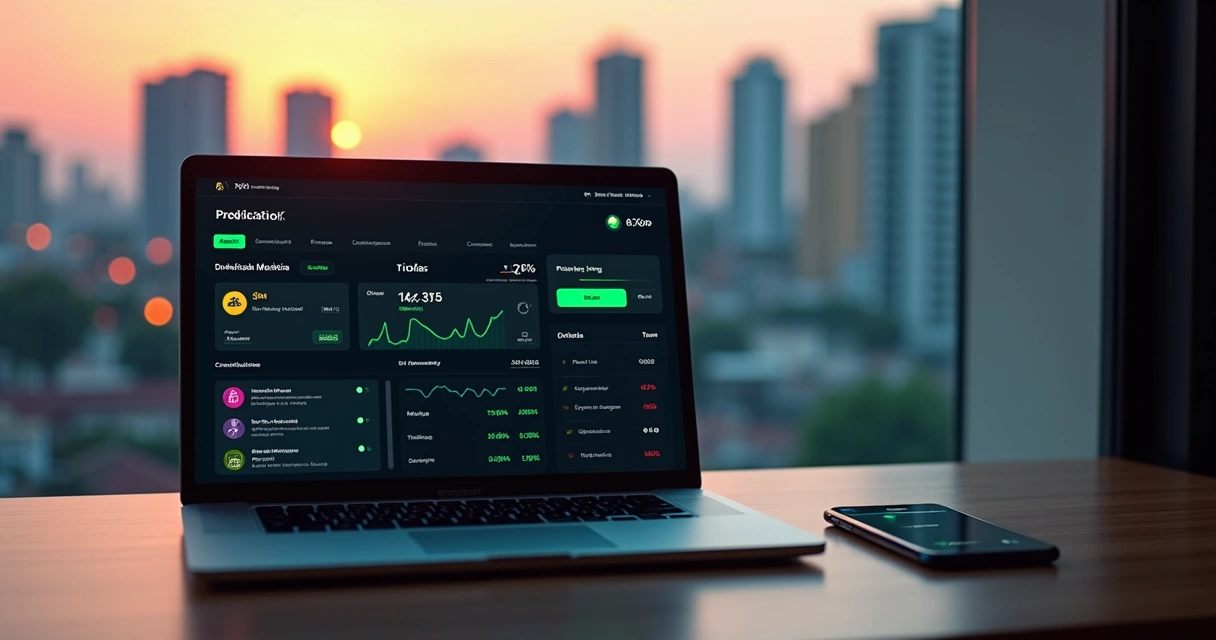 Tela com gráficos de probabilidades e símbolos de Sim e Não em mercado de previsões brasileiro 