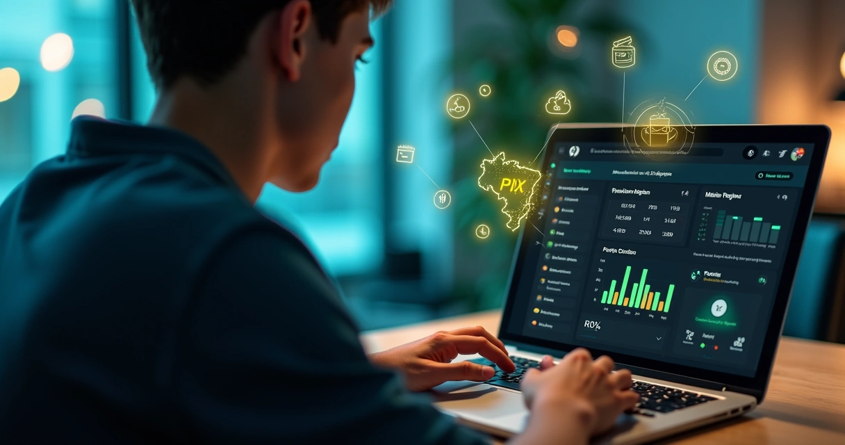 Pessoa usando laptop com gráficos de previsões em reais sobre o mapa do Brasil 