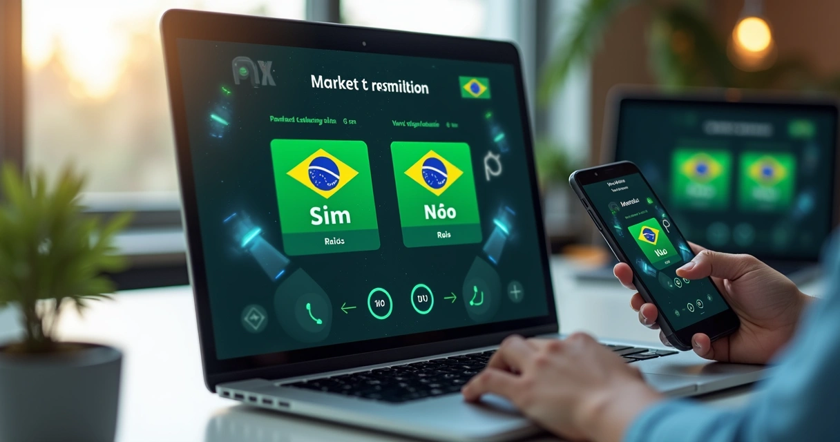 Tela digital mostrando mercado de previsões com gráficos e opções de Sim e Não em reais com interface brasileira 