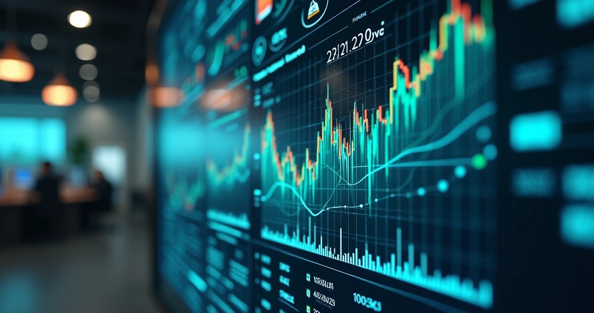 Gráfico financeiro digital com dados e indicadores de risco em tela transparente 