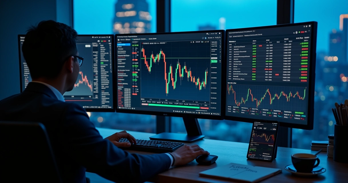 Tela de computador com gráficos de previsão financeira e contratos Sim e Não 