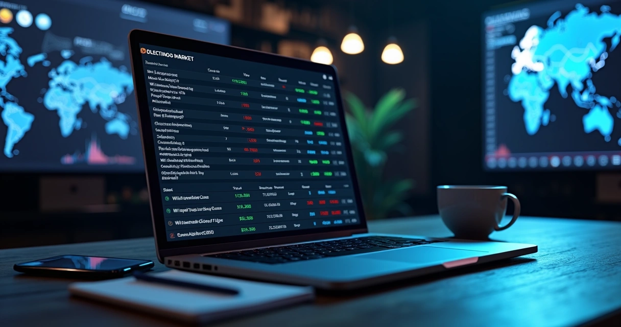 Tela de plataforma de mercado de previsões com contratos de eventos e gráficos financeiros 