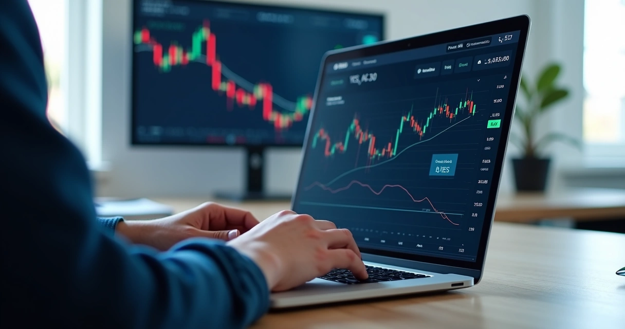 Pessoa usando laptop com gráficos de mercado de previsões e contrato sim ou não na tela 