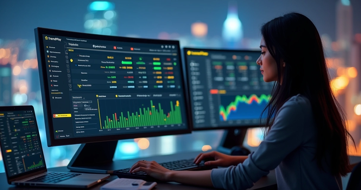 Mulher analisando gráficos de mercado de previsões em tela com bandeira do Brasil ao fundo 