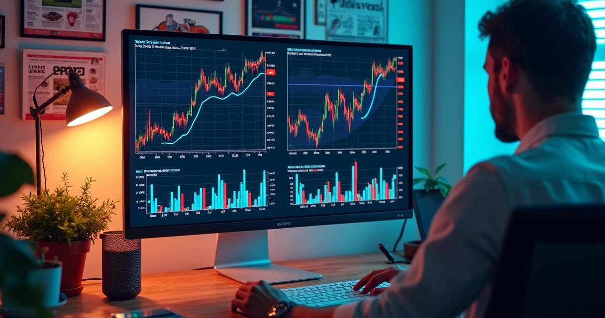 Telas de computador com gráficos de previsões de mercado em movimento rápido 