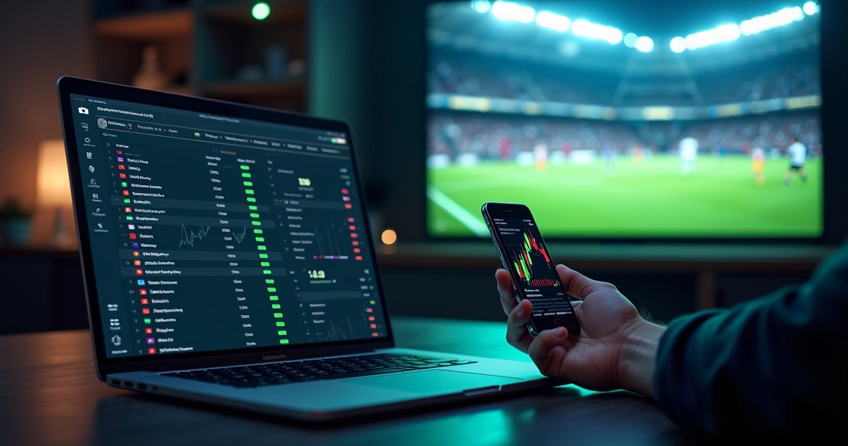 Tela com odds de futebol e apostador analisando probabilidades em gráfico 