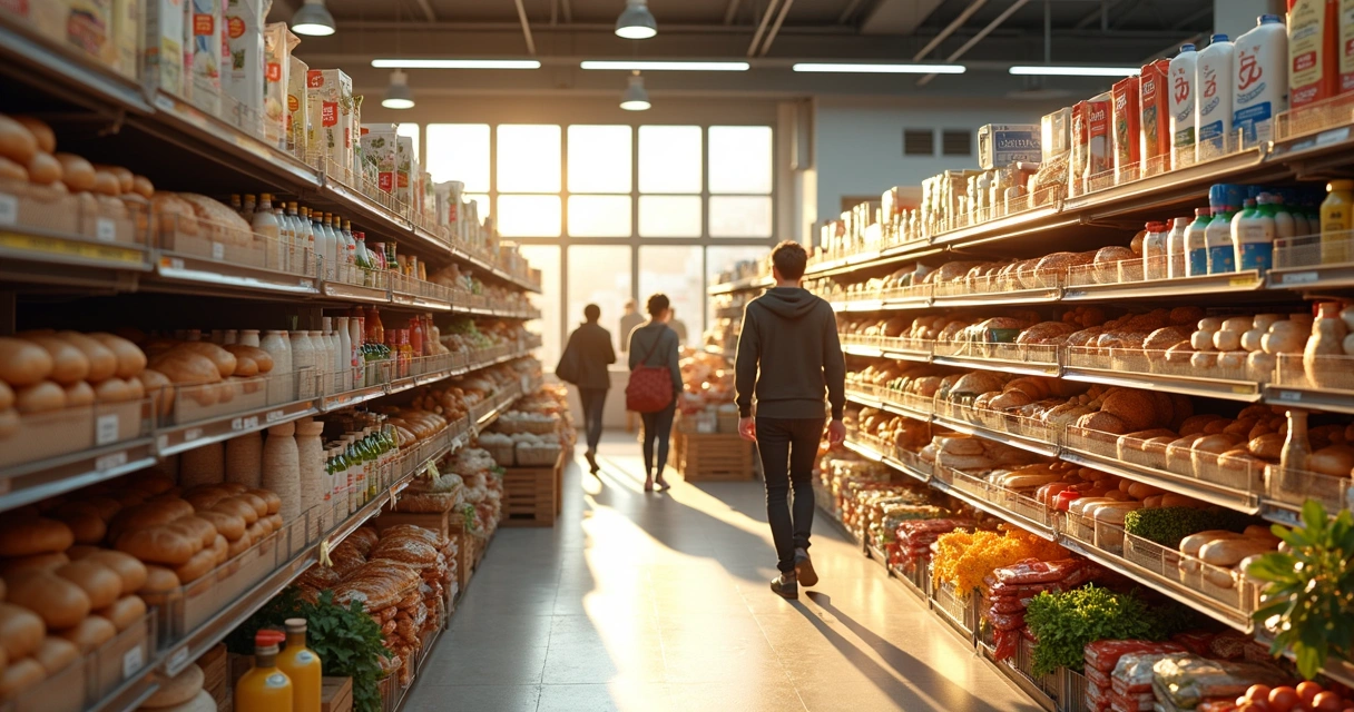 Prateleiras de mercado com produtos básicos em Portugal 