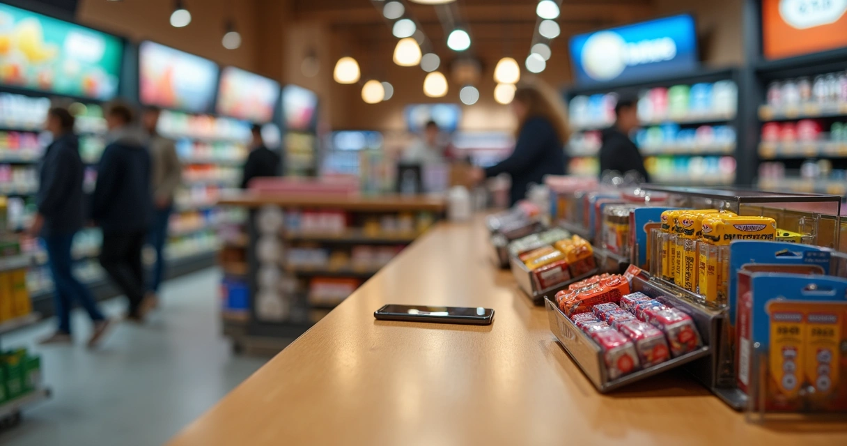 Balcão de loja com produtos complementares organizados 