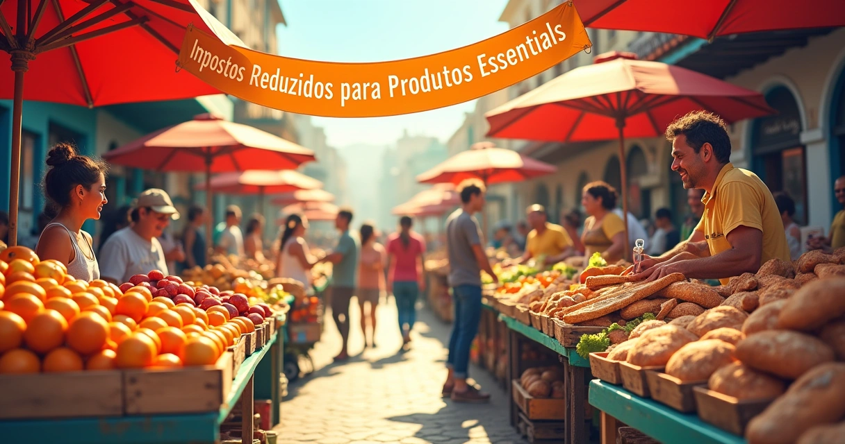 Mercado vibrante com produtos essenciais, banners de impostos reduzidos e compradores interagindo.