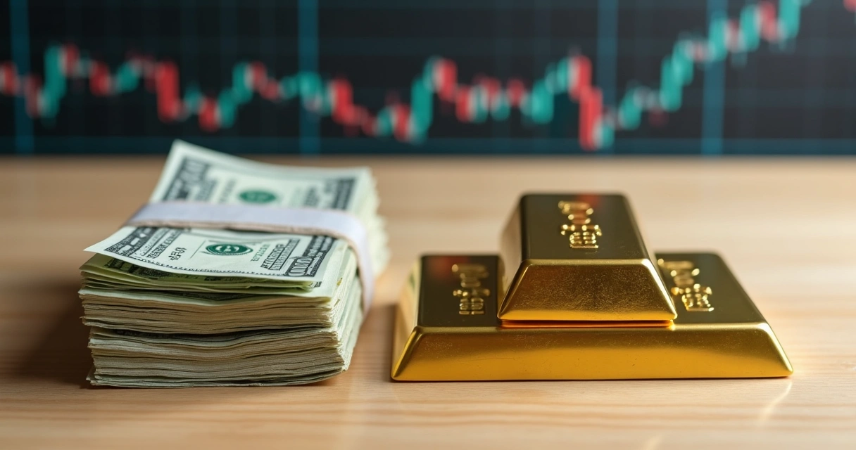 Notas de dólar e barras de ouro lado a lado sobre uma mesa de madeira clara. 