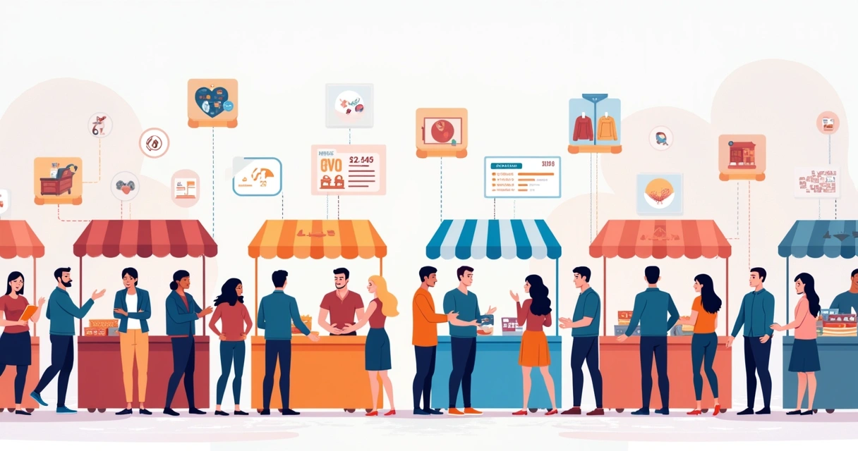 Ilustração de um mercado vibrante com diversas pessoas interagindo em diferentes estandes de produtos.