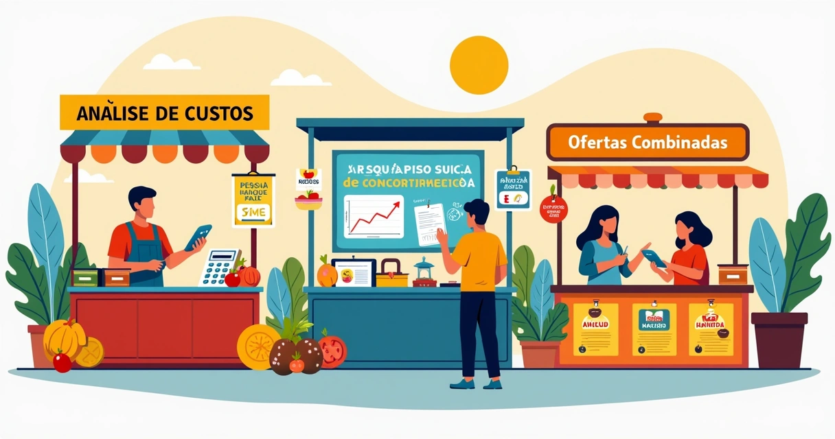 Mercado vibrante com barracas de serviços e preços, destacando análise de custos e ofertas combinadas.