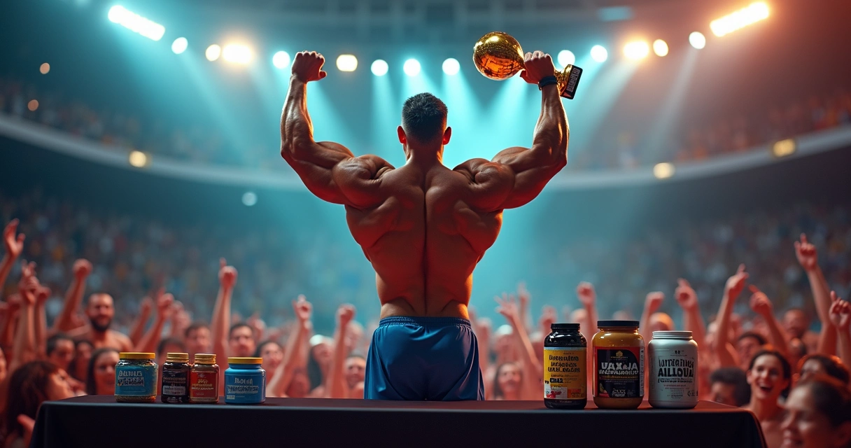 Atleta de fisiculturismo segurando troféu Olympia com suplementos ao fundo em ambiente esportivo 
