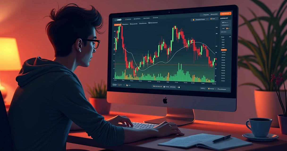 Pessoa olhando tela de computador com gráficos do mercado de previsões variando rapidamente 
