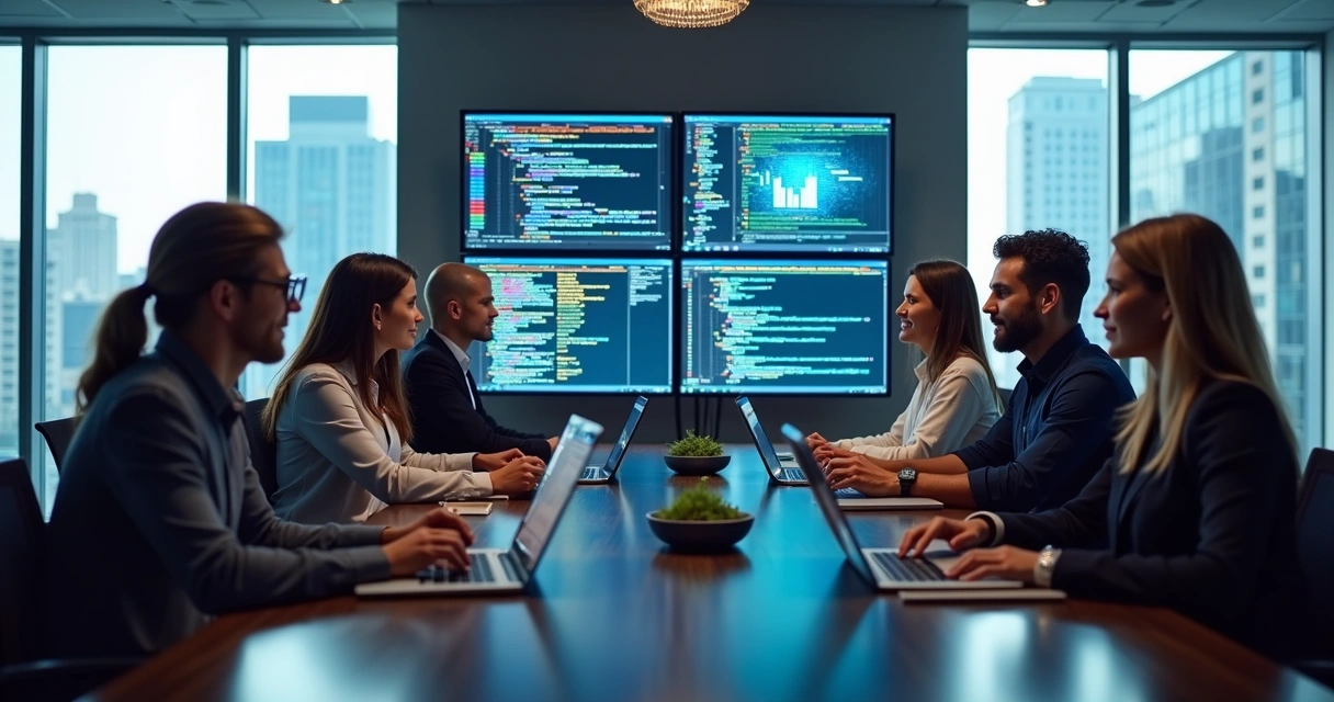 Profissionais de TI reunidos em uma mesa analisando dados em computadores 