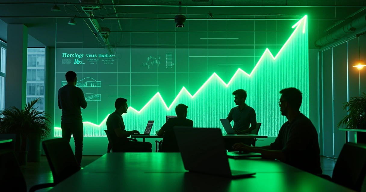 Gráfico crescente representando crescimento do mercado de TI e programadores trabalhando no fundo 