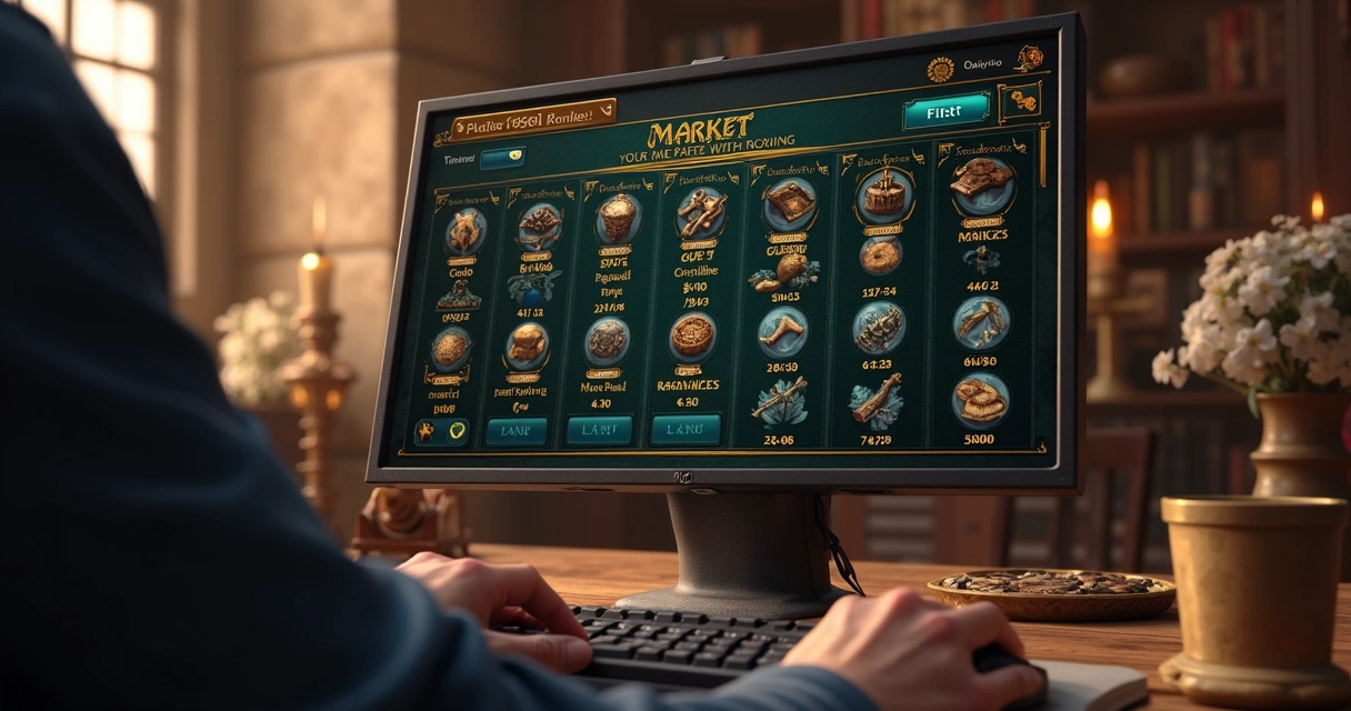 Interface do mercado em Tibia mostrando itens à venda e ofertas de compra entre jogadores 