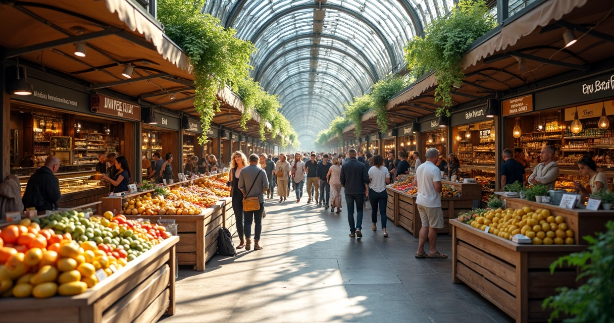 Mercado Torvehallerne com barracas de comida e pessoas caminhando 