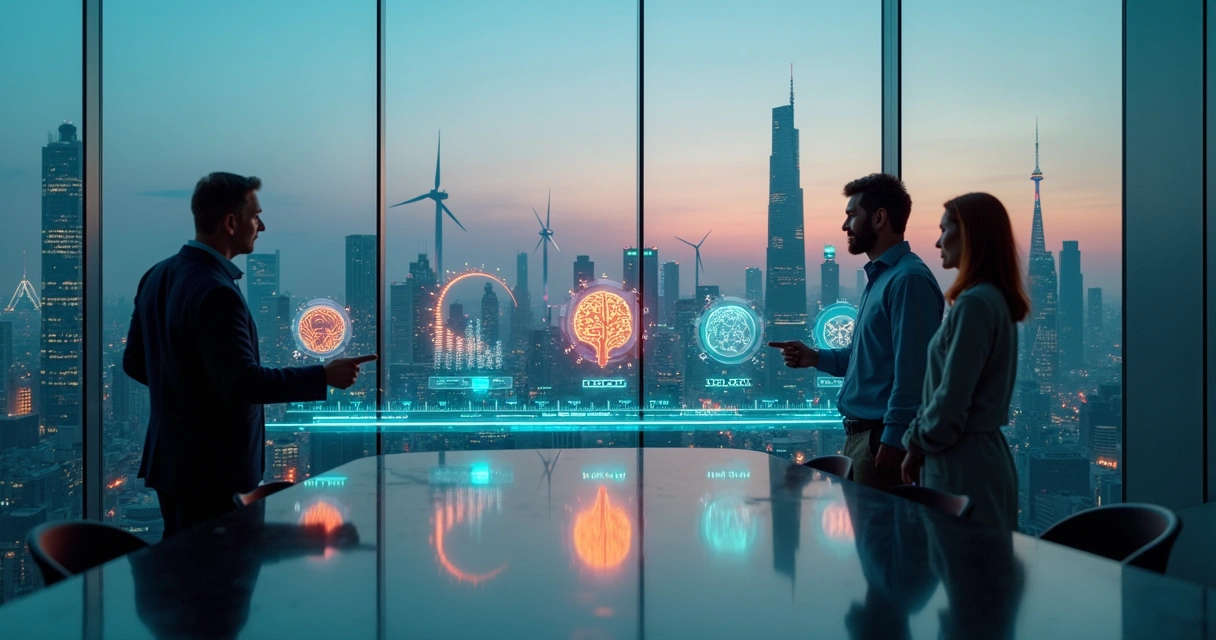 Linha do tempo holográfica mostrando ícones de tendências do futuro do trabalho até 2030 