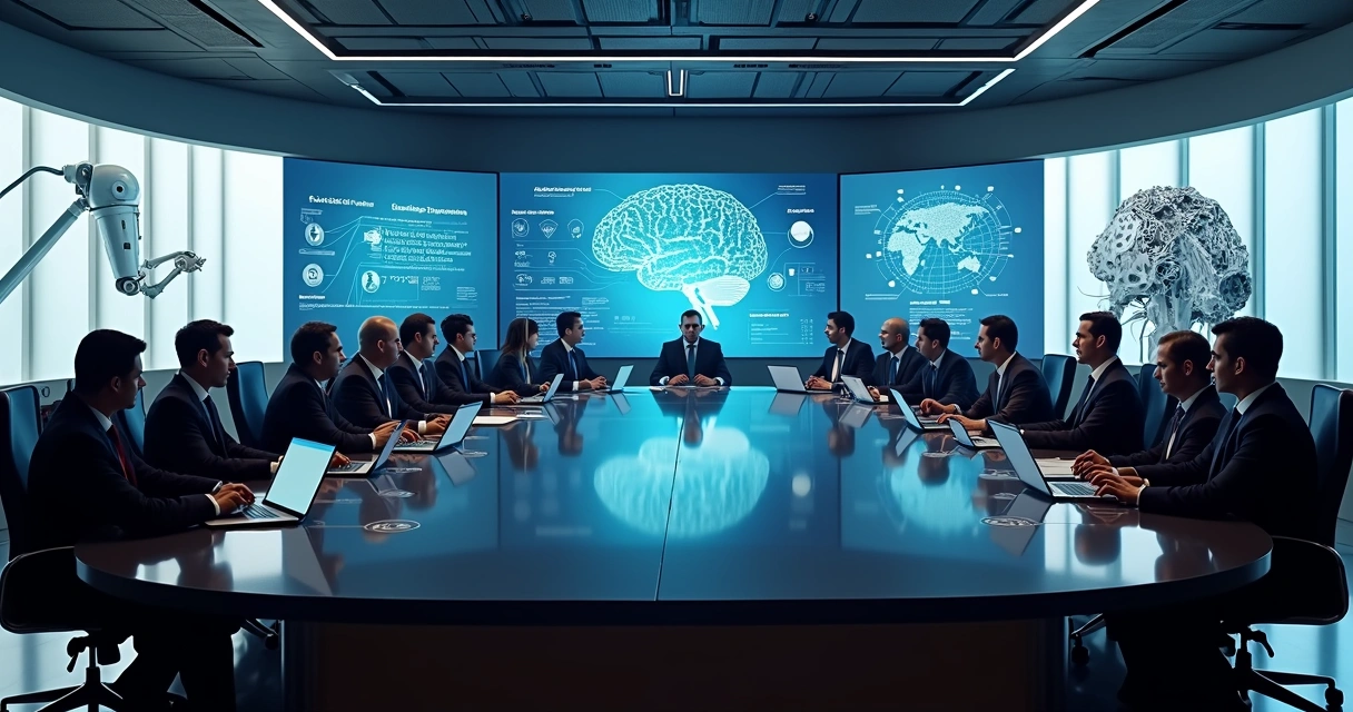 Mesa de negociação com executivos discutindo transformação do trabalho 