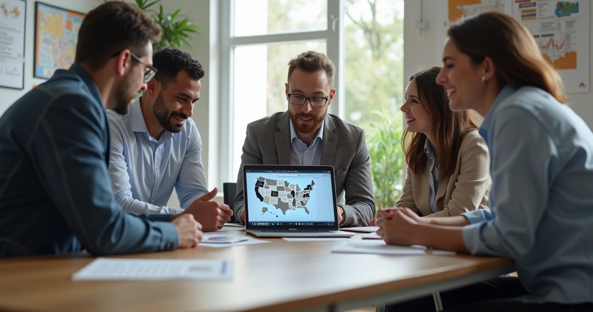 Equipe multicultural em escritório nos EUA, computador aberto com gráficos de emprego 
