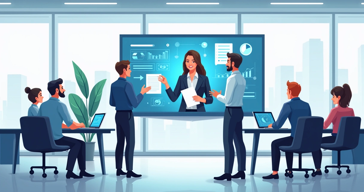 Ambiente de trabalho moderno com IA e pessoas colaborando 