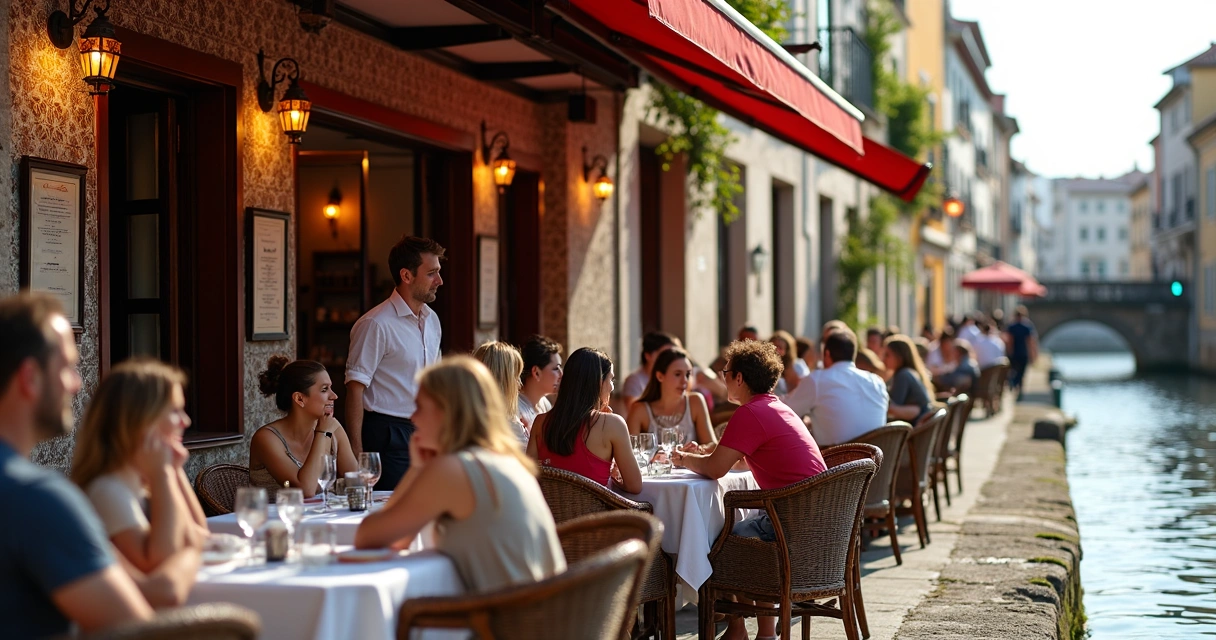 Profissionais atendendo turistas em restaurante típico à beira do canal em Aveiro. 