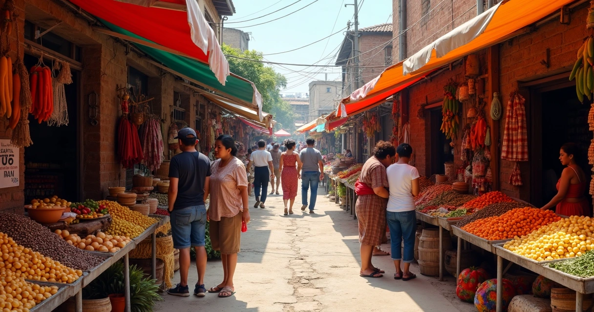 Mercado de rua tradicional com barracas coloridas e alimentos típicos nas Américas 