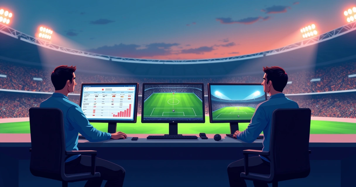 Ilustração de gráfico de apostas esportivas ao vivo durante jogo de futebol com placar apertado. 