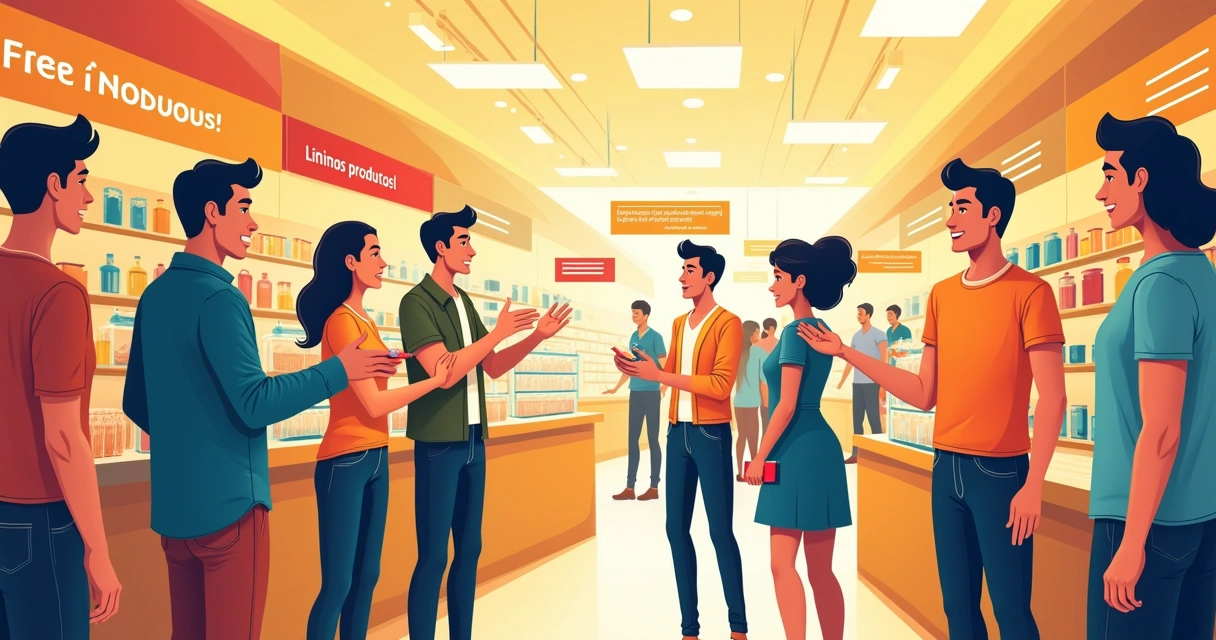 Ilustração de um mercado vibrante com clientes interagindo, destacando reciprocidade e prova social.