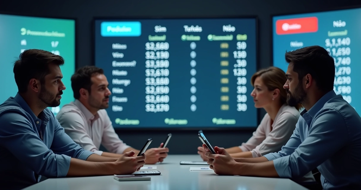 Painel mostrando gráficos de oscilação de preços em reais e pessoas observando atentos