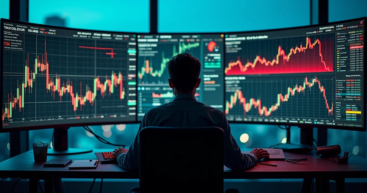 Trader observando tela com gráficos voláteis em ambiente escuro de trading 