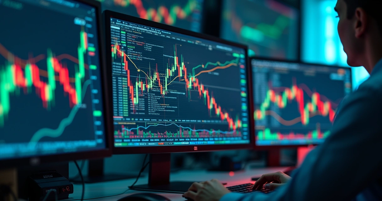 Gráfico financeiro mostrando variações bruscas de mercado com indicadores complexos e fundo tecnológico 