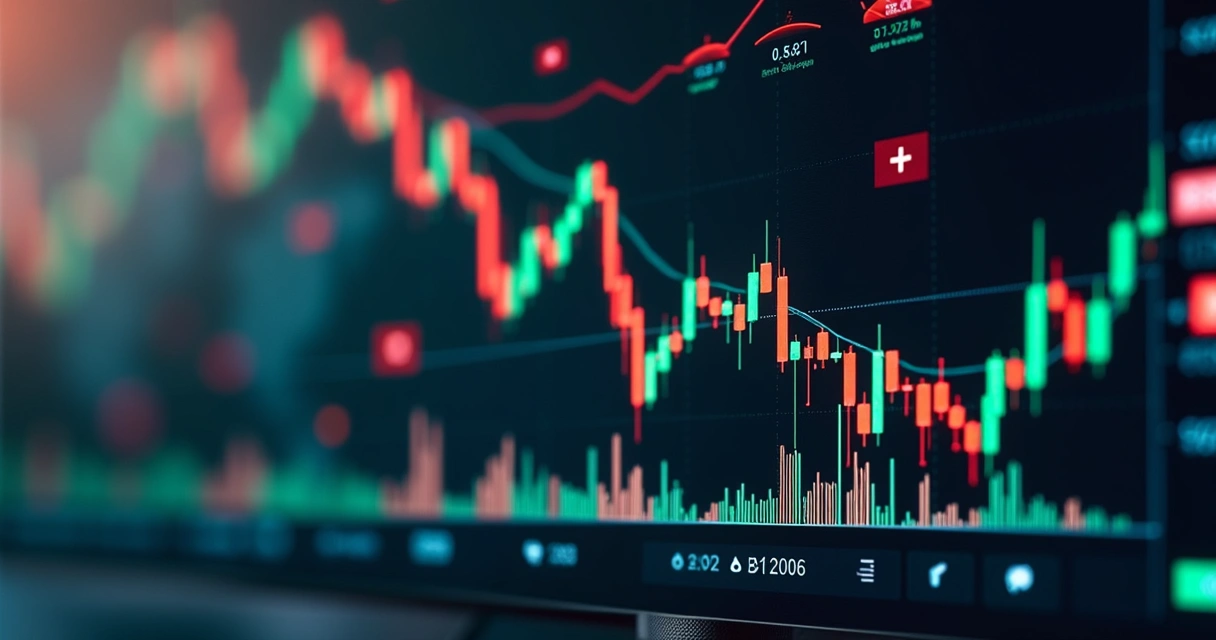 Tela de computador mostrando gráficos financeiros em alta volatilidade com indicadores variados e fundo escuro 