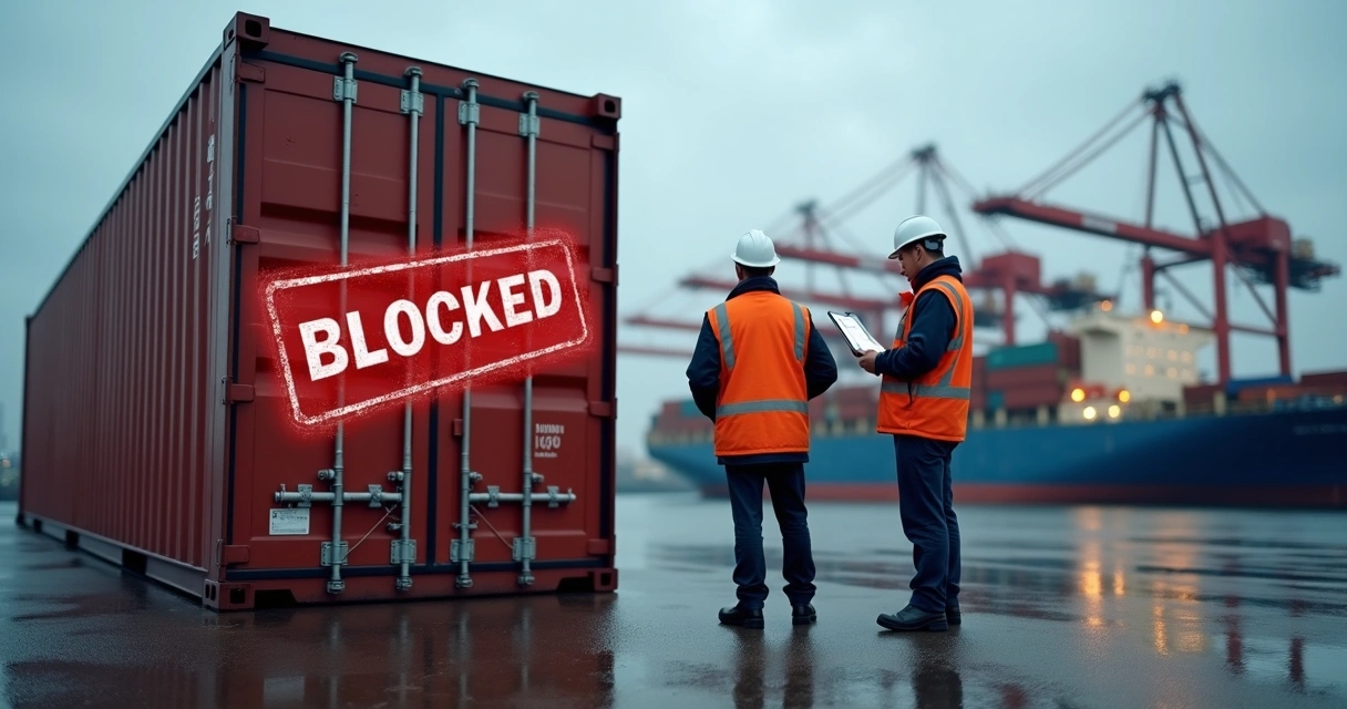 Container bloqueado e fiscais conferindo documentos em porto europeu