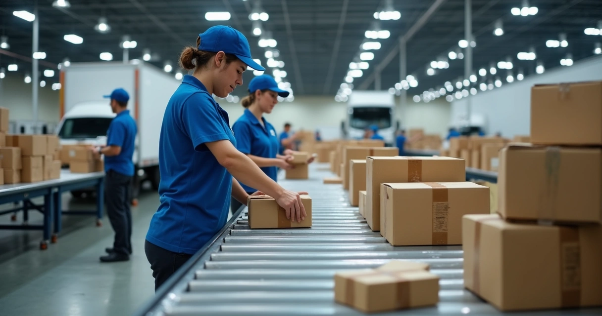 Funcionários em camisa azul organizando caixas em um centro de distribuição, mercadorias em esteiras e caminhões aguardando carregamento 