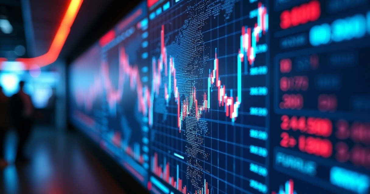 Paineis digitais mostrando B3 e bolsas internacionais com fluxos de dados 