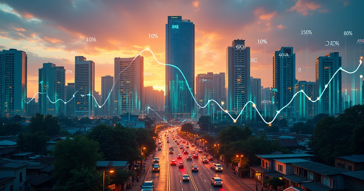 Linha do horizonte de cidade em mercado emergente com gráficos financeiros sobrepostos 