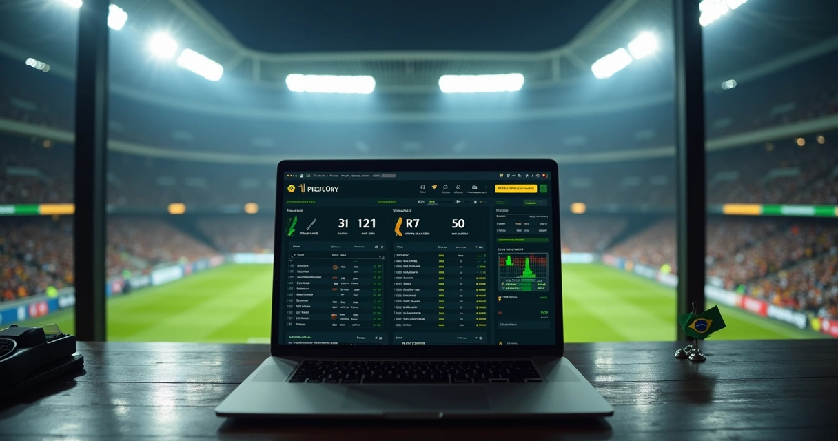 Tela de mercado preditivo esportivo com estádio iluminado ao fundo 