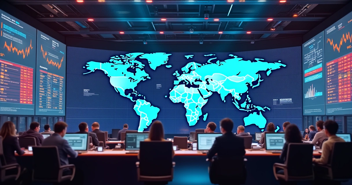 Bolsa de valores global com telas interativas e mapas digitais conectando diferentes países 