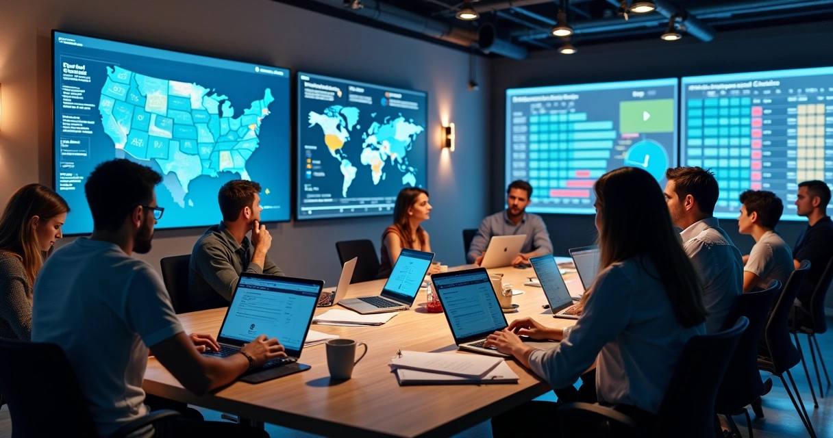 Mesa com várias pessoas olhando para gráficos e esportes em grandes telas 