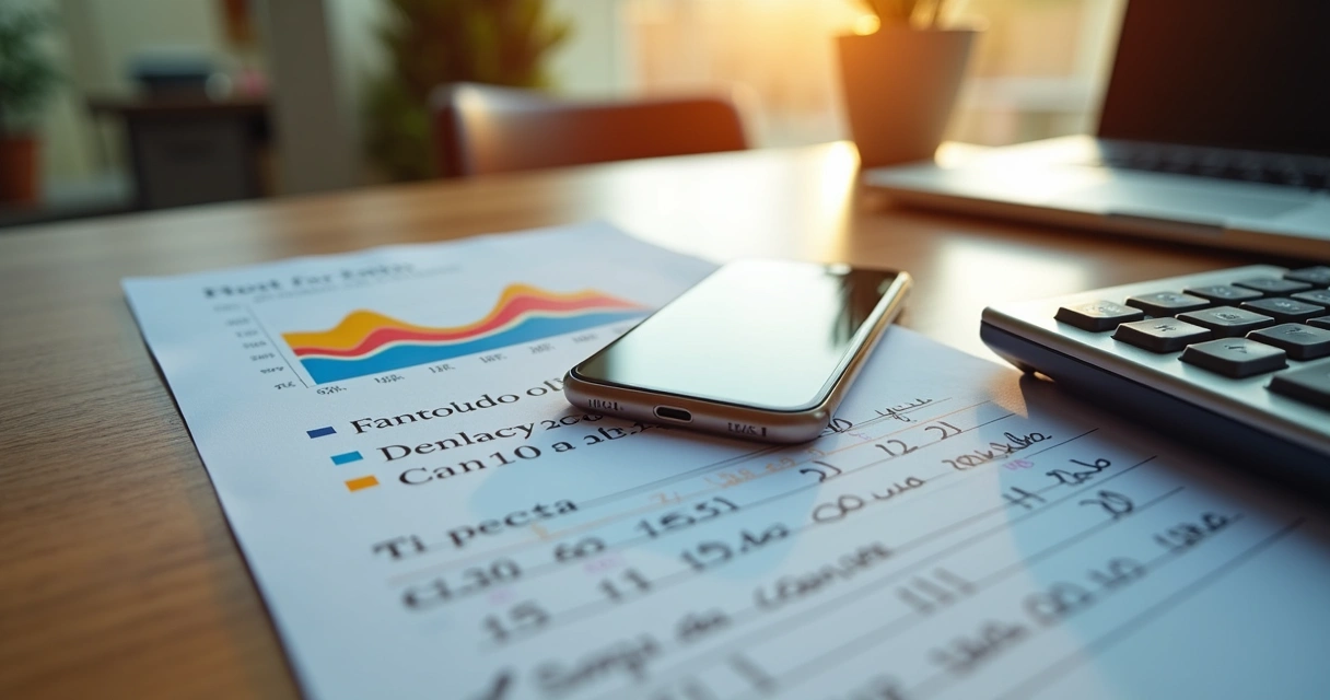 Celular mostrando gráficos de previsão em tela, com calculadora e anotações ao lado, sobre mesa de madeira