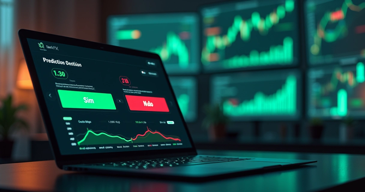 Tela de mercado de previsão cripto com opções Sim e Não e gráfico de probabilidades 