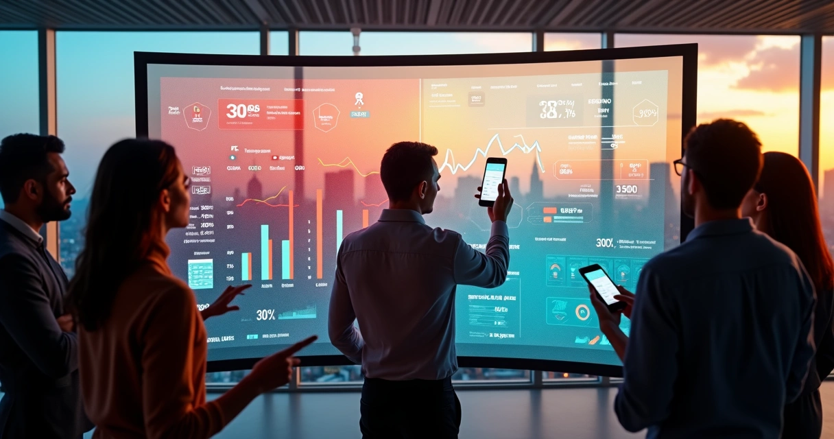 Pessoas analisando gráficos de previsão em tela digital 