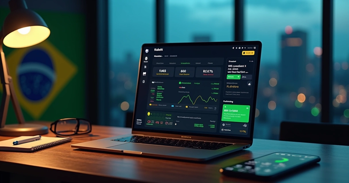 Tela de notebook com gráficos de previsão e bandeira do Brasil ao fundo 