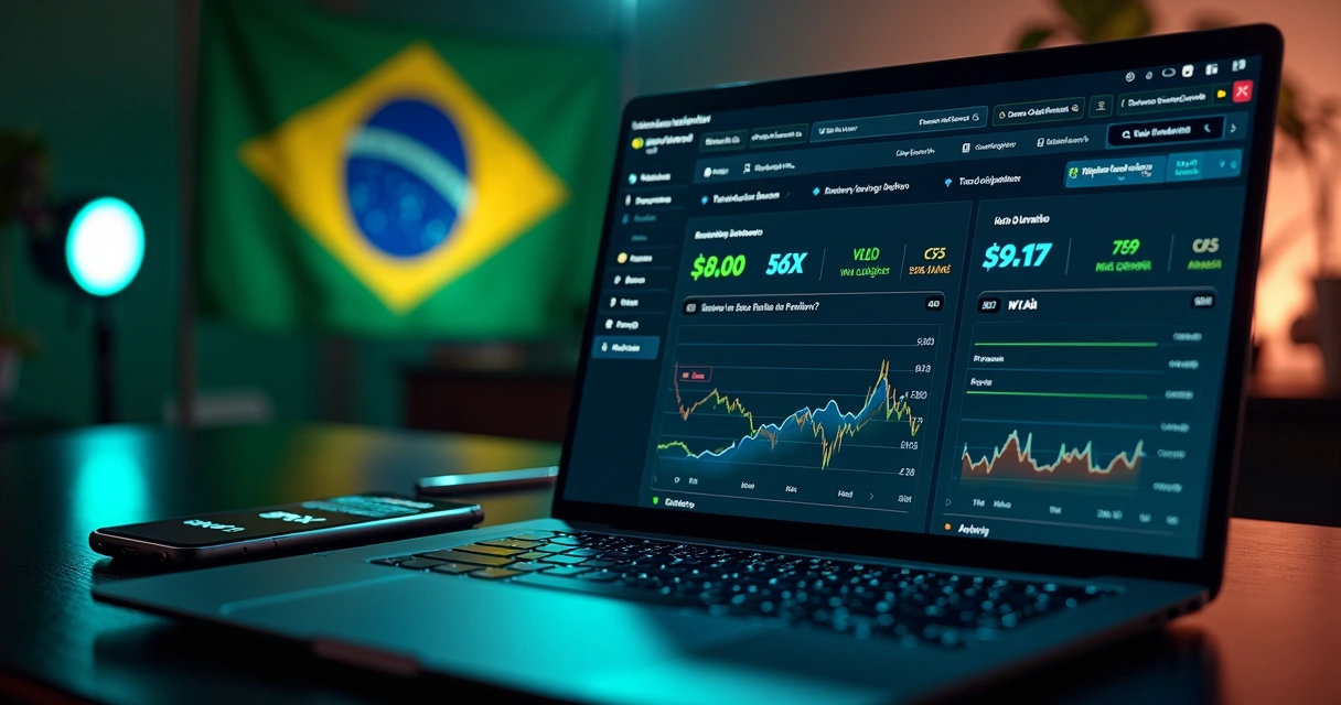 Tela de plataforma de mercados de previsão com gráficos em reais e bandeira do Brasil ao fundo 