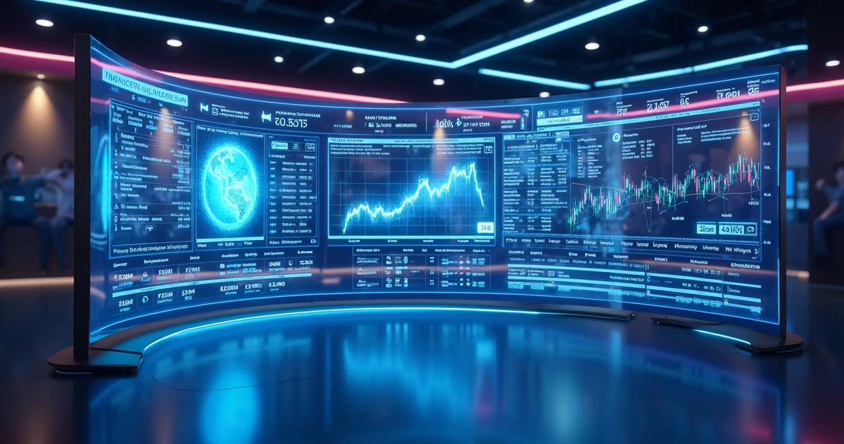 Diversos mercados na TrendPlay representados por telas digitais e gráficos coloridos em ambiente moderno 