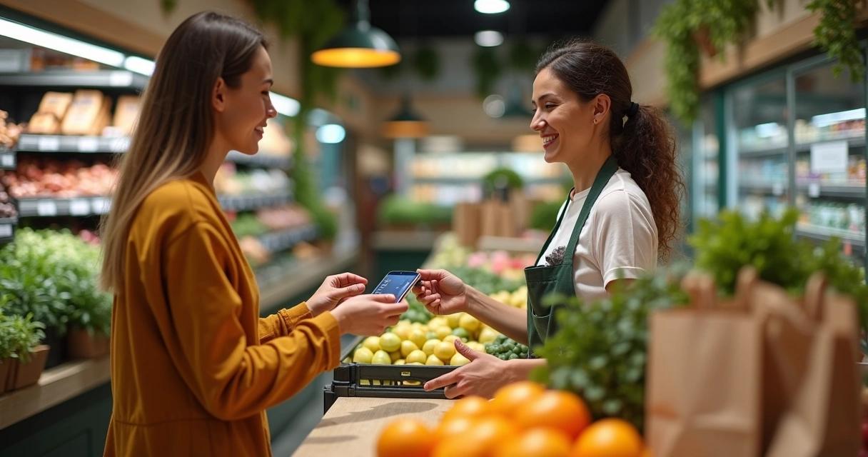 Pessoa pagando compras com cartão digital em mercearia sustentável 
